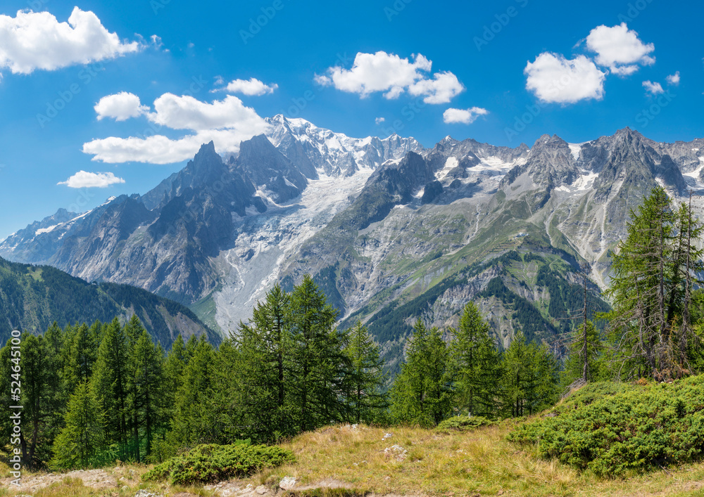 The  Mont Blanc massif from Val Ferret valley in Italy.