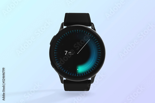 Clock. Realistic smart watch mockup with blank screen. Background with gradient color. Front view of the device. Space to write. Illustration. 3D illustration. Device for active fitness lifestyle.