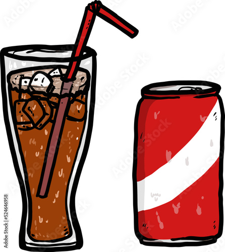 glass of cola with ice, coke. soda drink. vector illustration with hand draw cartoon style