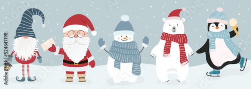 Set of cute christmas characters. Vector illustration in flat cartoon style