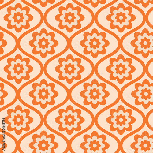 Retro 70s orange flowers on orange  mid century ogee ovals seamless pattern. For home décor, textile, fabric and wrapping paper  