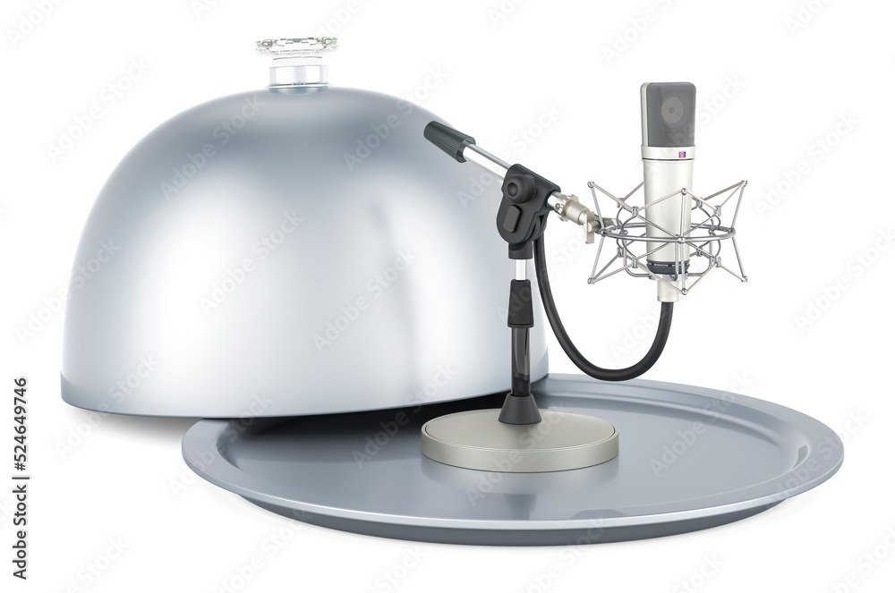 Restaurant cloche with studio microphone, 3D rendering Restaurant cloche with studio microphone, 3D rendering