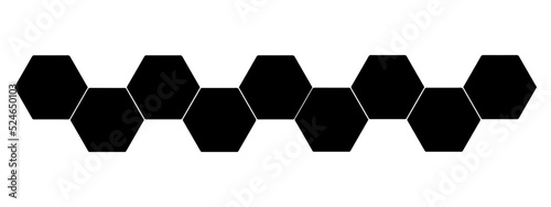 Black hexagon, honeycomb, design element, shapes, pattern with no strokes. Asset for photo collection, collage, template, frame, overlay, montage. Transparent wide panorama background..