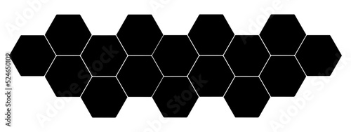 Black hexagon, honeycomb, design element, shapes, pattern with no strokes. Asset for photo collection, collage, template, frame, overlay, montage. Transparent wide panorama background..