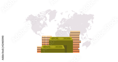 Coins stack and banknote stacked money, golden penny cash pile on world map background horizontal flat vector illustration.