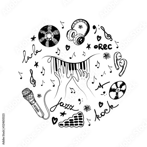 The concept of inspired piano playing, a hand-drawn doodle. A new hit. Microphone. Hands. Keys. Violin key and flying notes. Music. Inspiration. The pianist's hands. Isolated vector illustration.