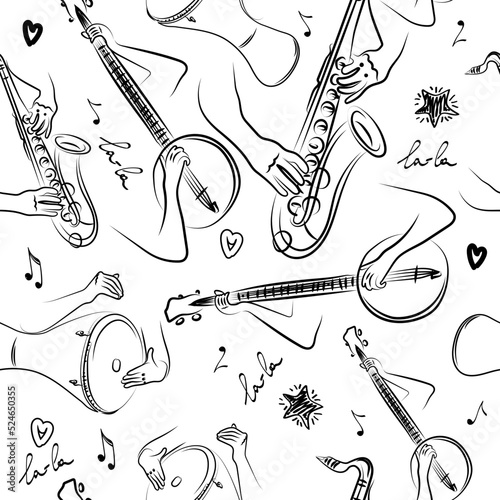 A seamless pattern of hands playing musical instruments, a hand-drawn doodle. Banjo, saxophone and African drum. Flying notes. Music. Inspiration. Fingering. Black and white background.