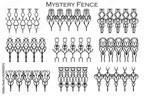 Assorted spooky cemetery fence silhouettes. Assets isolated on a white background. Scary  haunted and spooky fence elements
