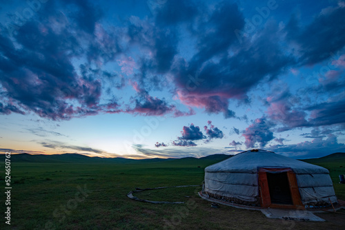 mongolian ger at sunset