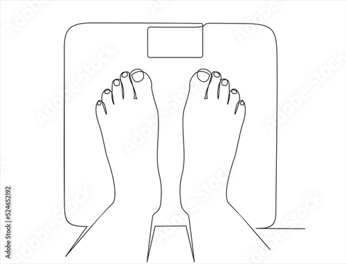 Standing on a scale. Measuring body weight concept. continuous line drawing. Vector illustration. Isolated