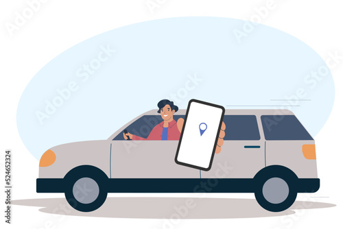 Car navigation, male driver is holding smartphone, destination is displayed on screen. Geolocation and GPS on the map. Geolocation application.