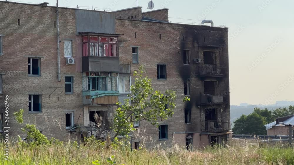 Horenka, village near Kyiv, UKRAINE, 2022. War in Ukraine. Burned house facade after shelling. Kyiv districts. Horenka, village near Kyiv, UKRAINE, 2022. War in Ukraine. Burned house facade after shelling. Kyiv districts.