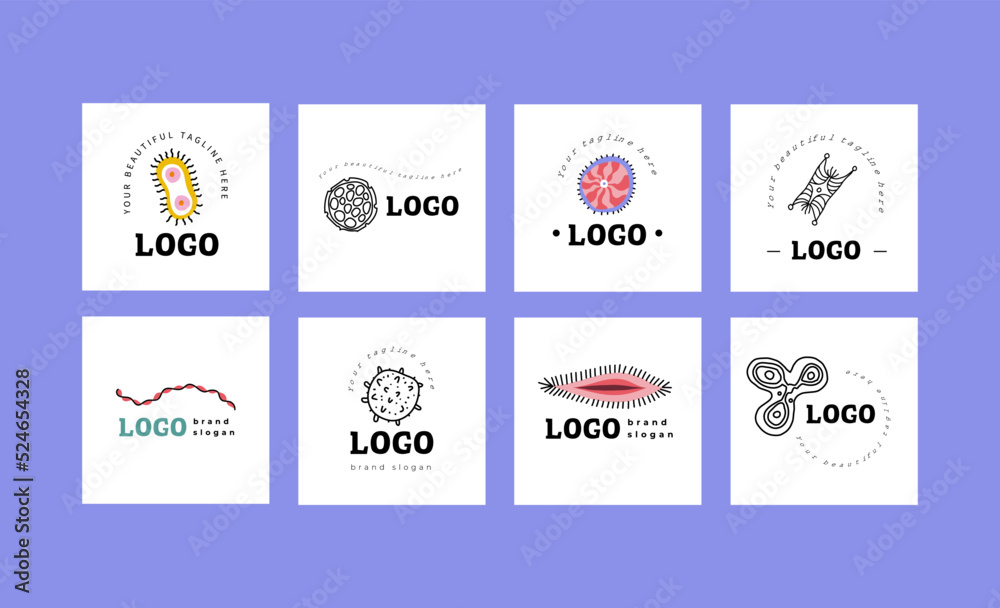 Colorful set of medical doodle icons, cartoon microbiology logos for health facilities, websites, print, pills package, etc.