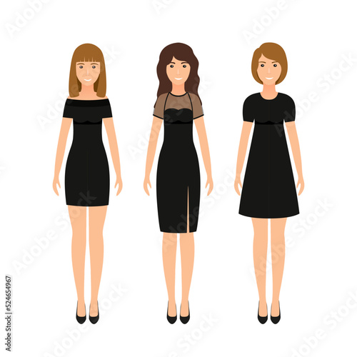 Set of black little dresses on women. Elegant cocktail dress on mannequins isolated on a white background. Silhouette apparel. Collection girl clothing. Clothes icon for girls. Vector illustration.
