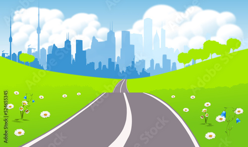 An illustration of asphalt road going towards the city on the horizon.