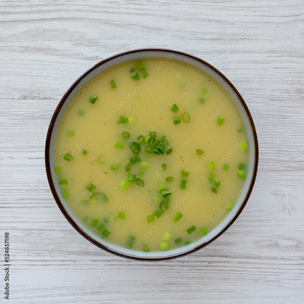 Homemade Potato Leek Soup in a Bowl, top view. Flat lay, overhead, from above. Homemade Potato Leek Soup in a Bowl, top view. Flat lay, overhead, from above.