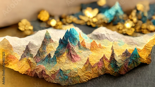 Mountains stylized as origami, paper, texture of stones, gold. Paper polygonal landscape.  Hi tech. AI.