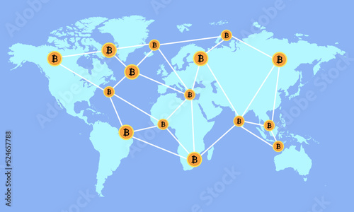 Money transfer bitcoins on worldwide. international money transfer. sending money around the world concept. vector illustration.