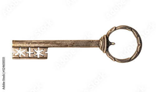 The historical iron key, 16th century, isolated on a white background © milkovasa