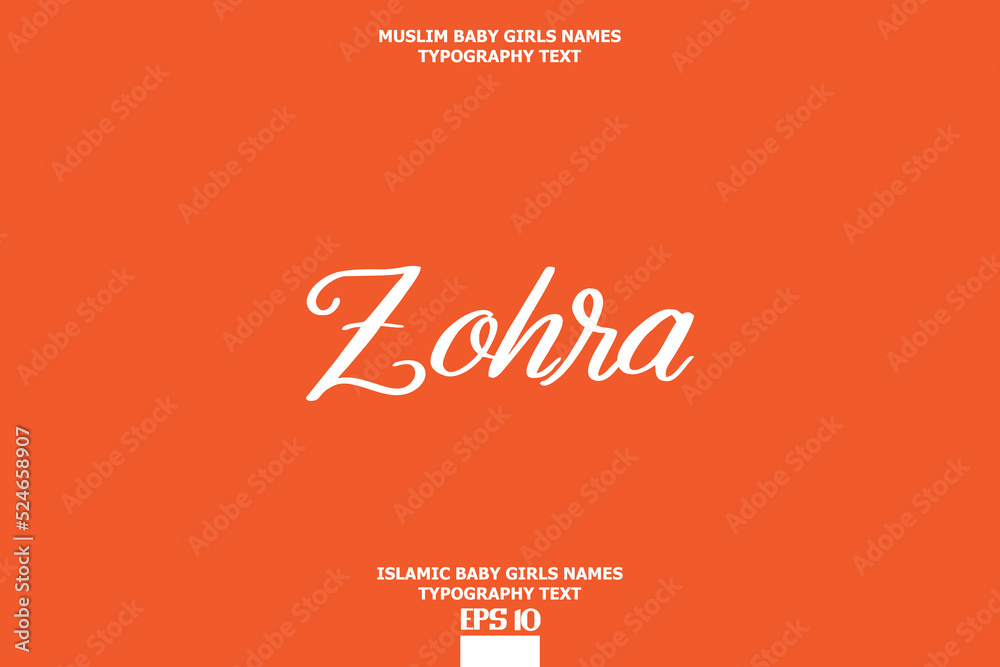 Muslim Female Name Zohra Vector Cursive Text Design on Orange Background