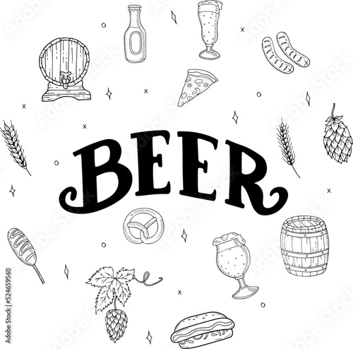 Hand drawn beer food icon set. Vector illustration, doodle style.
