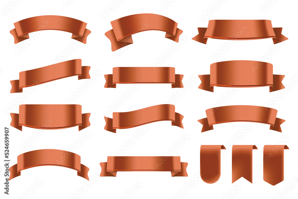 Set of Copper Color Ribbons and Tags isolated on white background. 3D Vector Illustration.