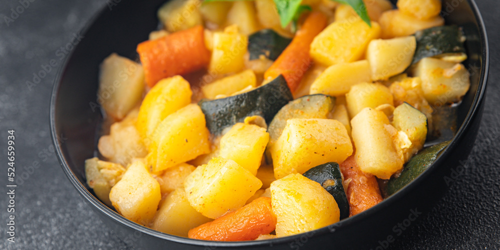 ragout vegetable stew potatoe, carrot, zucchini fresh dish healthy meal food snack diet on the table copy space food background rustic keto or paleo diet veggie vegan or vegetarian food no meat ragout vegetable stew potatoe, carrot, zucchini fresh dish healthy meal food snack diet on the table copy space food background rustic keto or paleo diet veggie vegan or vegetarian food no meat