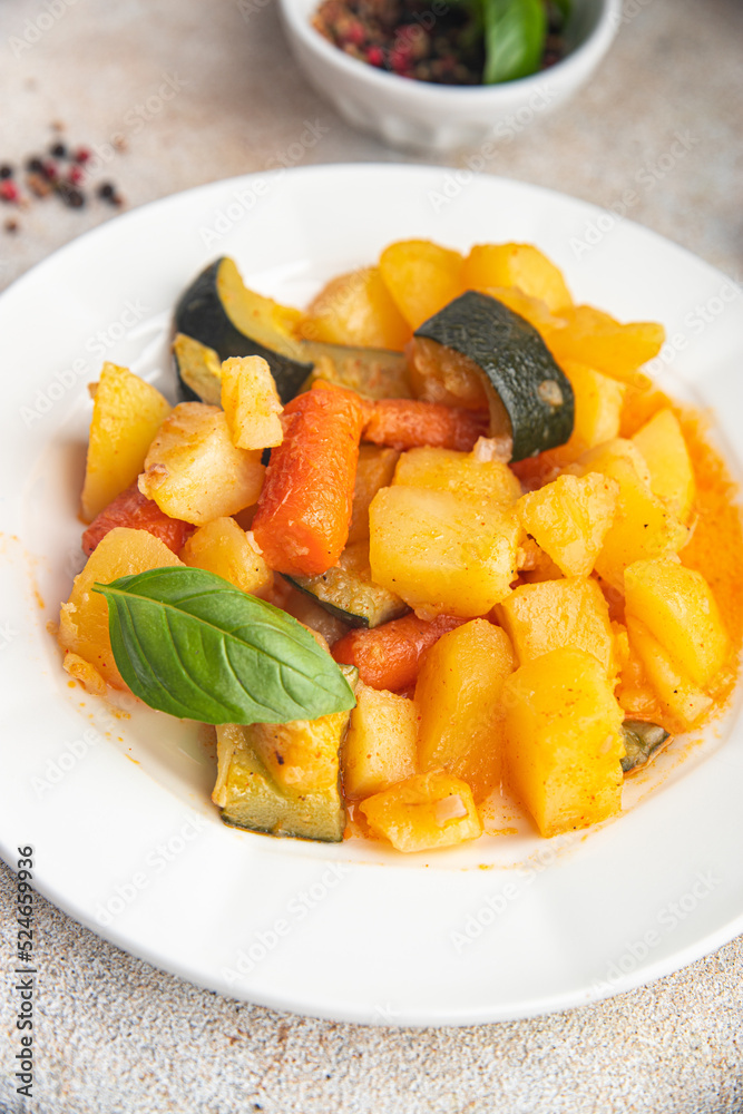 ragout vegetable stew potatoe, carrot, zucchini fresh dish healthy meal food snack diet on the table copy space food background rustic keto or paleo diet veggie vegan or vegetarian food no meat ragout vegetable stew potatoe, carrot, zucchini fresh dish healthy meal food snack diet on the table copy space food background rustic keto or paleo diet veggie vegan or vegetarian food no meat