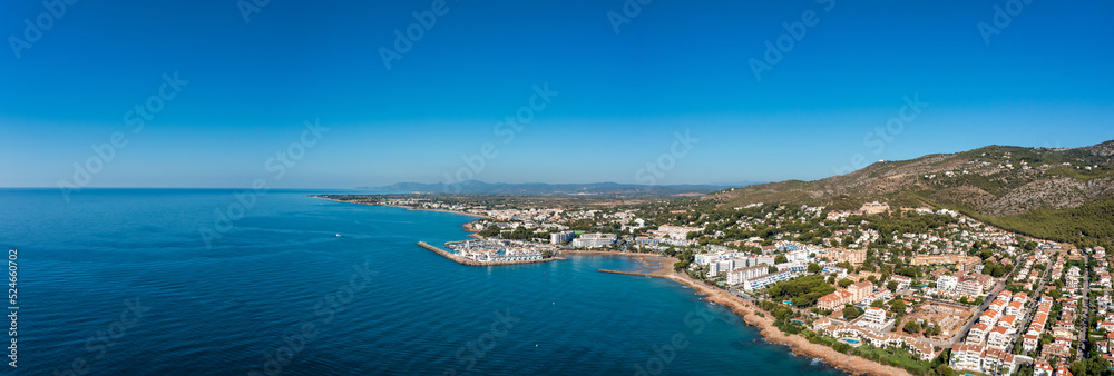 Panoramic view of the beach town of Alcossebre, Spain from the mediterranean sea