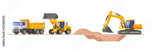 Set of building machines. Construction equipment and machinery - excavator, truck, loader. Vector illustrations.