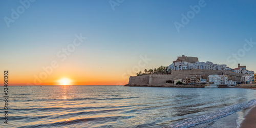 Panoramic view of Peniscola during sunrise, a coastal town in eastern Spain, Costa del Azahar, Province Castello, Spain