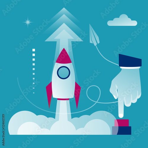 Rocket of launch business metaphor. Launch project. Businessman hand pushing start button. Start up concept. Vector illustration cartoon flat design style. Isolated on white background. Takeoff.