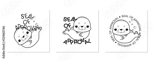 Cartoon seal of approval coloring Page for kids. Vector black line illustration. 