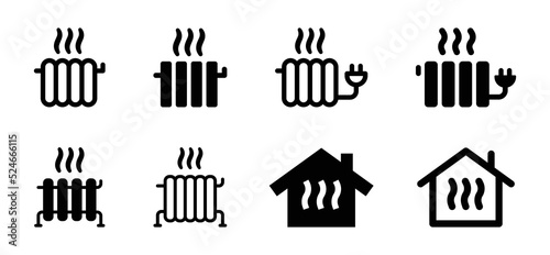 Heater electric equipment vector icon set. House temperature control symbol. Heating radiator system for home appliance illustration. photo