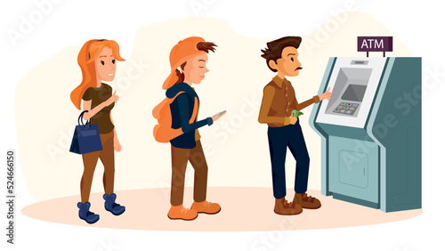 Queue of people standing for using ATM. Bank customer inserting credit card to slot for transaction. Business, banking and finance concept. 