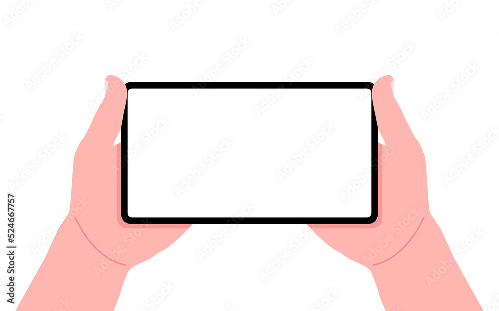 Two male hands holding a smartphone mockup with an empty screen. Vector illustration. Two male hands holding a smartphone mockup with an empty screen. Vector illustration.