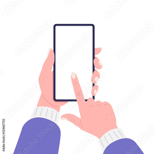 Female hand holding a phone with blank screen. Vector illustration.