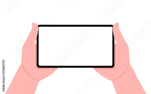 Two male hands holding a smartphone mockup with an empty screen. Vector illustration.