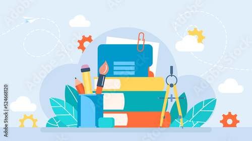 Office supplies. School supplies: books, notebooks, pens, pencils, eraser, paints, brushes, notepad, compass, paper clip, glass, document. Back to school. Flat business style. Illustration.