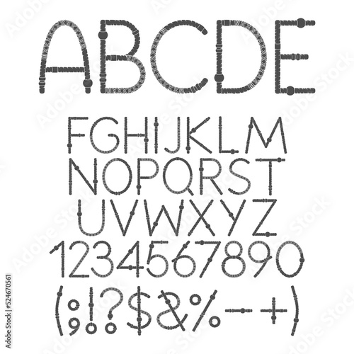 Font, alphabet, letter, number and sign from dreadlocks. Isolated black and white objects on a white background.