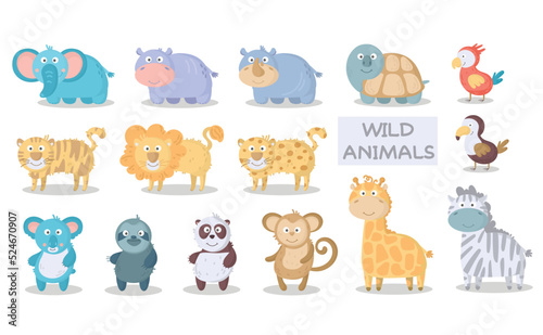Fototapeta Naklejka Na Ścianę i Meble -  Big cute set wild safari african jungle animals. lion, giraffe, elephant, turtle, zebra, parrot, hippo, monkey, sloth, rhino, panda, tiger, panda, toucan. tropical collection doodle cartoon