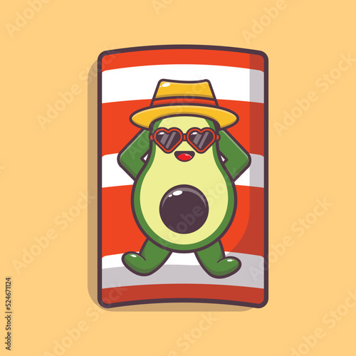 Cute avocado cartoon mascot character in sunglasses sleeping on beach