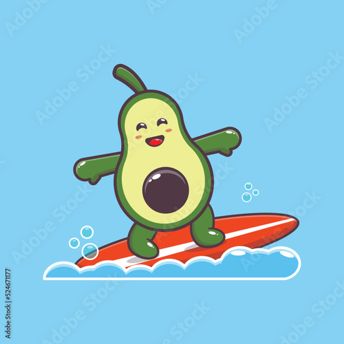 Cute avocado cartoon mascot character surfing on beach