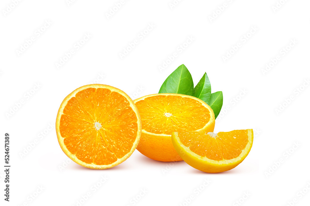 Oranges are cut in half and cut into small pieces. with green leaves isolated on a white background