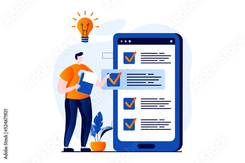 Strategic planning concept with people scene in flat cartoon design. Man develops strategy, sets tasks mobile app and organizes workflows to improve business. Illustration visual story for web