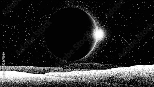 Stars and exoplanet in outer space. Futuristic landscape, with noise texture . Night landscape with starry sky .Vector illustration