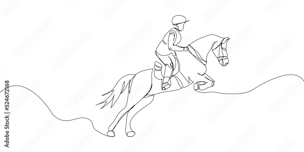 Equestrian sport, horse racing one line art. Continuous line drawing horseback riding, rider, saddle, horse, polo, galloping, trotting, sport, competition.