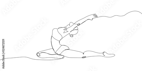 Woman doing yoga one line art. Continuous line drawing sports, fitness, physical education, athletics, asanas, strength, athletic body, athlete, girl, gym, half twine, stretching, sexy body.