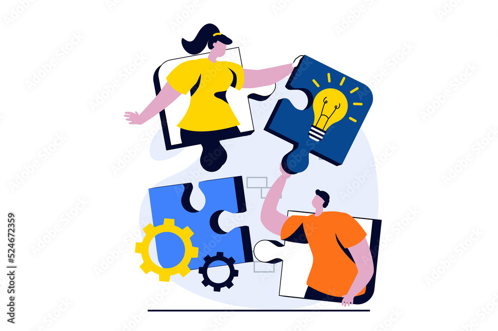 Teamwork concept with people scene in flat cartoon design. Man and woman working together, generating creative ideas, optimize and settings business process. Illustration visual story for web