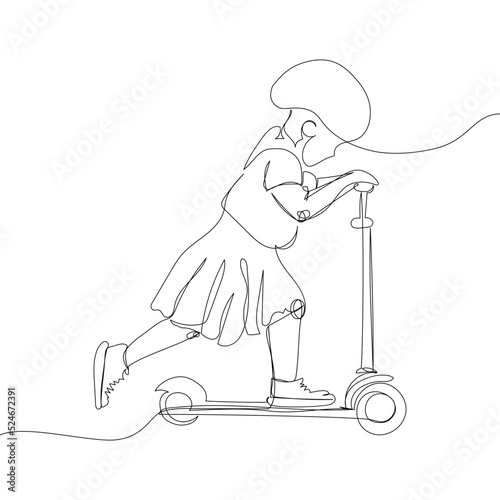 Girl in a protective helmet on a scooter one line art. Continuous line drawing sport, scooter, transportation, child, childhood, small, riding, healthy, urban, mobility.